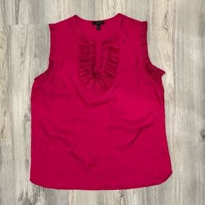 J. Crew 100% Silk Ruffle Neck Sleeveless Top Slit V Neck Hot Pink Size 12 Tall